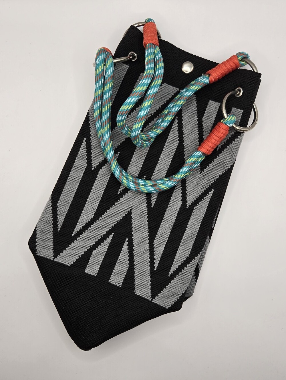 Geometric Bucket Handbag: Black & Gray Polyester Purse with Teal Rope Handles